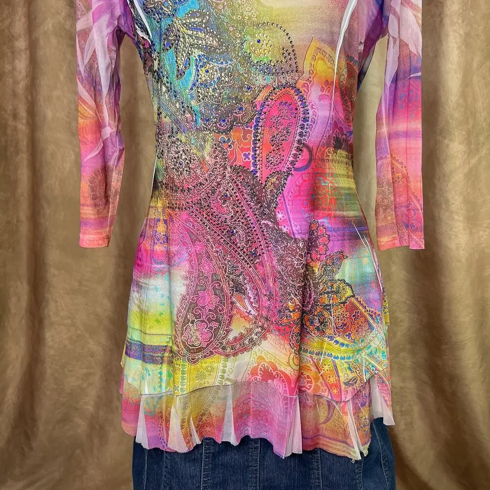 Vintage Y2K Boho Top Rhinestone Mesh Paisley Floral 3/4 Sleeve Ruffled Rainbow - Picture 7 of 10